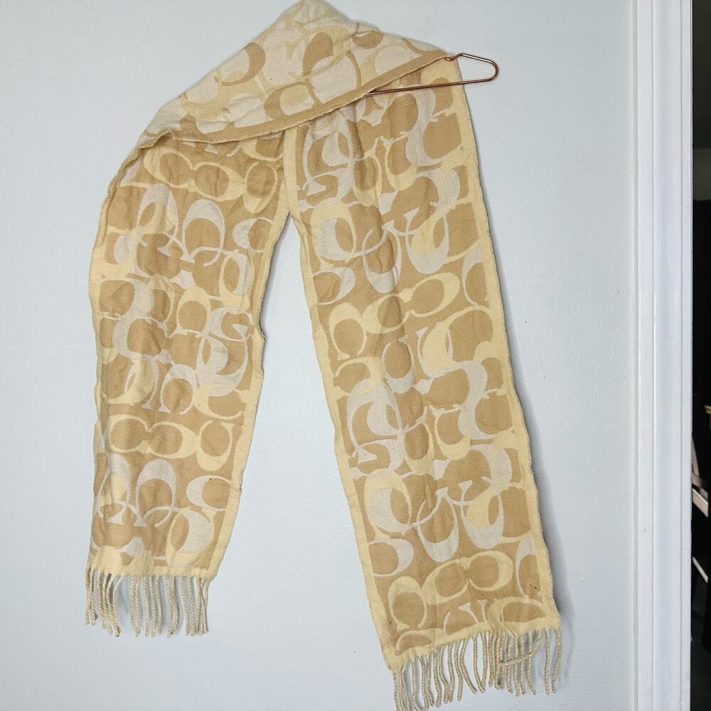 COACH Tan Ivory C Monogram 100% Merino Wool Fringe Detail Wool Winter Scarf - Picture 3 of 8